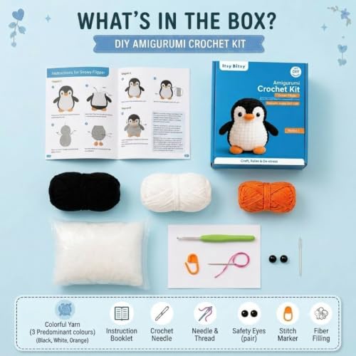 Image of Itsy Bitsy DIY Amigurumi Crochet Kit Snowy Flipper Penguin | Beginner Friendly Crochet Craft Set | Make Cute Handmade Plush Toy | Complete DIY Hobby Gift Box