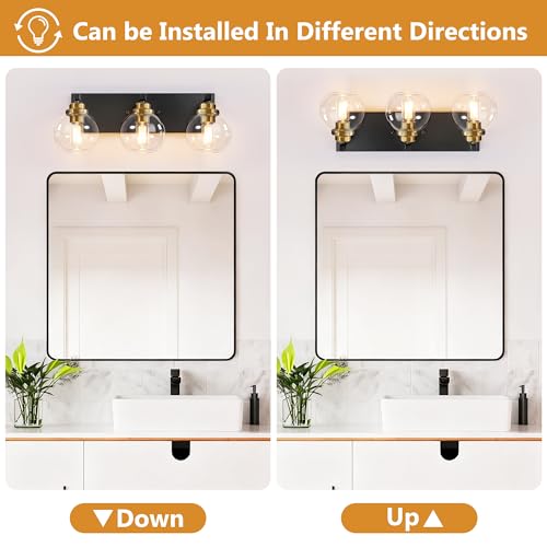Image of LmnLvn Bathroom Light Fixtures, Farmhouse Black & Gold Metal with Globe | 3-Light Rustic Vanity Lights,Easy To Install, Mounted Over Mirror for Bathroom, Bedroom & Hallway