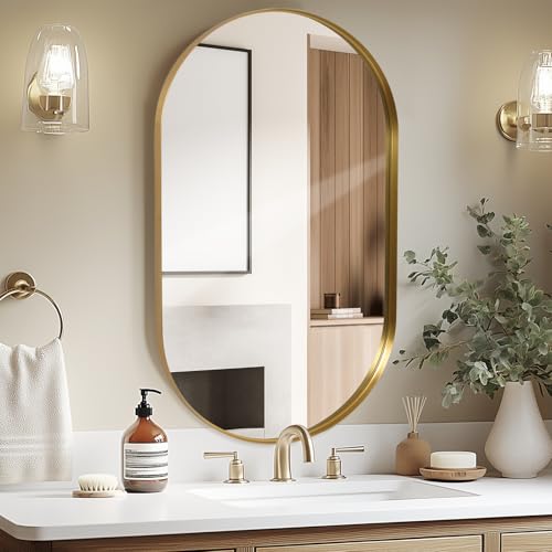 LunaMirror Espejo de pared ovalado de 55 x 75 cm, elegante espejo dorado de pared con esquinas curvadas para pasillo, sala de estar, dormitorio