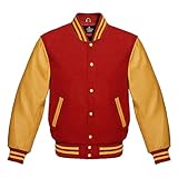 Lishow Fashion Varsity Baseball Letterman Bomber Red Wool & Yellow Gold Genuine leather Sleeves Jacket (US, Alpha, XX-Large, Regular, Regular, Red)