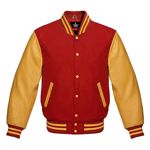 Lishow Fashion Varsity Baseball Letterman Bomber Red Wool & Yellow Gold Genuine leather Sleeves Jacket (US, Alpha, XX-Large, Regular, Regular, Red)