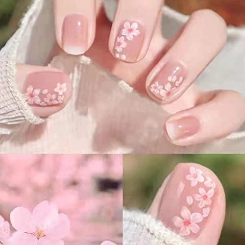 Flower Press on Nails Short Pink Fake Nails Cherry Blossom Square False Nails with Designs French Artificial Full Cover Acrylic Nails Spring Summer Stick on Nails for Women Girls, 24PCS