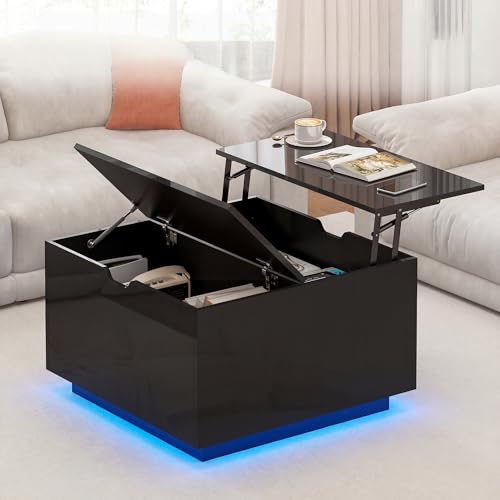 Advwin High Gloss Lift Top Coffee Table with LED Lights Square Center Table with Hidden Storage Tea Table with Open Shelf for Living Room Apartment Small Spaces, Black