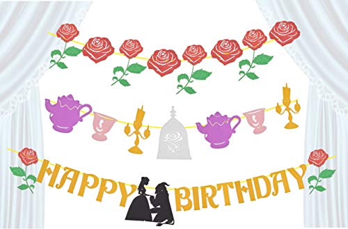 Beauty And The Beast Inspired Happy Birthday Banner, Belle Happy Birthday Rose Garland Kids Princess Party, Christmas Gifts, Set Of 3 Party Banners, Glittery Red Rose Banner, Colorful Banner With Different Characters, Party Supplies For Birthday, Theme Parties, Beauty And Beast Decorations #TOP7