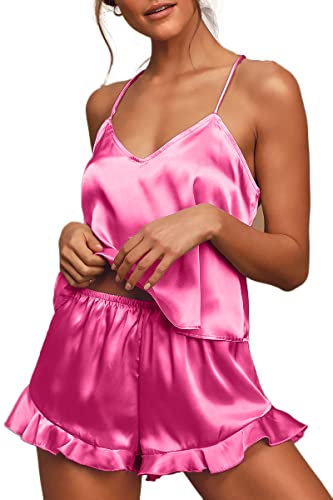 Chyrii Women's Sexy Ruffle Pajamas Sets Satin Silk Cami Shorts Sets Sleepwear Neon Pink S #TOP2
