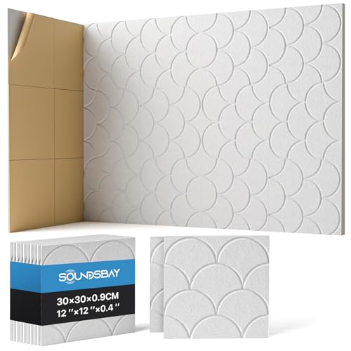 12-Pack Shell Acoustic Wall Panels Self-Adhesive, 10.6lb/ftÂ³ High Density Sound Proof Foam Panels for Walls, 12\" X 12\" Soundproof Wall Panels for Door, Ceiling, Home Office, White