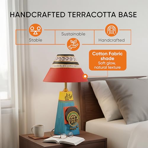 Image of AAKRITI ART CREATIONS MDF Board Table Lamp for Study Room, Bedroom & Living Room Decoration | Madhubani Elephant & Tribal Folk Art Bedside Lamp with Cotton Fabric Shade | Aesthetic Night Lamp