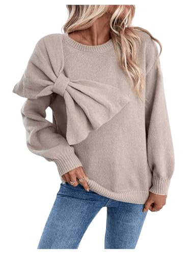 Floerns Women's Long Sleeve Big Bowknot Cute Pullover Tops Knit Crew Neck Sweater