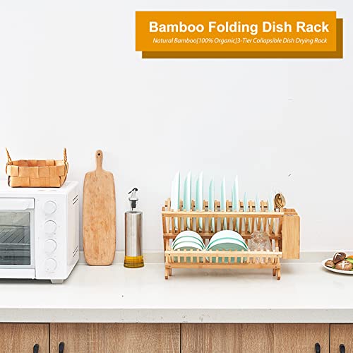 Worthyeah Bamboo Dish Drying Rack, 3-Tier Collapsible Wooden Dish Rack with Utensil Holder, Bamboo Dish Drainer Rack for Kitchen Counter 25pcs by Worthyeah - Image 6