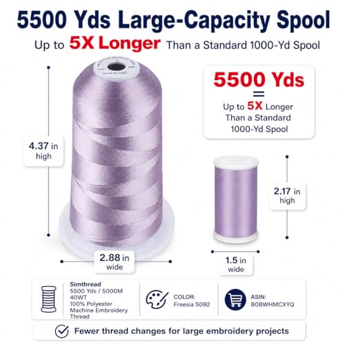 Image of Simthread 5500Yds /5000M 40WT Polyester Embroidery Thread Freesia S092 | High-yardage 5000M spool offers smooth feeding and stable 40WT polyester thread for home and commercial embroidery machines.