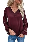 SheIn Damen Blusen Elegant Langarmshirts Spitzen Bluse OL Business Oberteile mit Spitzen Bordeaux XL