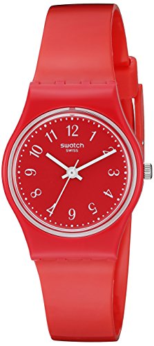 Orologio in plastica rossa con quadrante rosso fissato con lancette bianche e indici bianchi