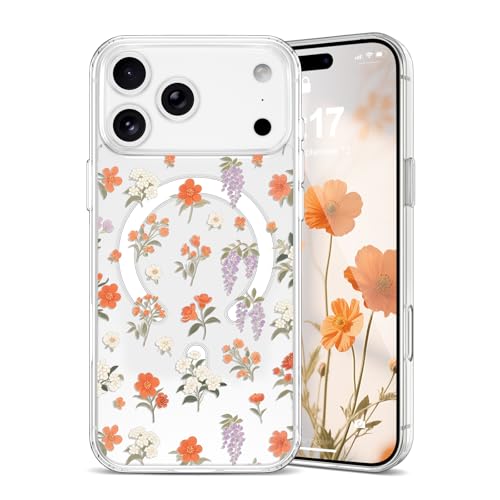 EYZUTAK Magnetic for iPhone 17 Pro Case Flower Case Compatible with MagSafe, Pretty Floral Stylish Aesthetic Phone Cover Slim Clear Anti-Yellowing Protective Cover for Girls Women - Orange