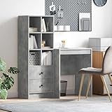Owoxanthellate Schreibtisch mit Highboard Beton Grau Holzwerkstoff 60x50x76 cm Sideboard mit 6 Regalen und Schublade Modernes Möbel für Home Office Schlafzimmer Flur