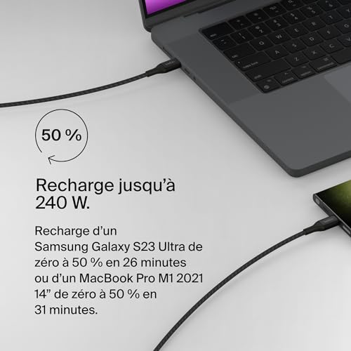 Belkin BoostCharge câble USB-C vers USB-C, charge rapide avec technologie Power Delivery 240 W, certification USB-IF, pour iPhone 16, 15, MacBook Pro, Chromebook, Samsung Galaxy, iPad, etc., 1 m, noir