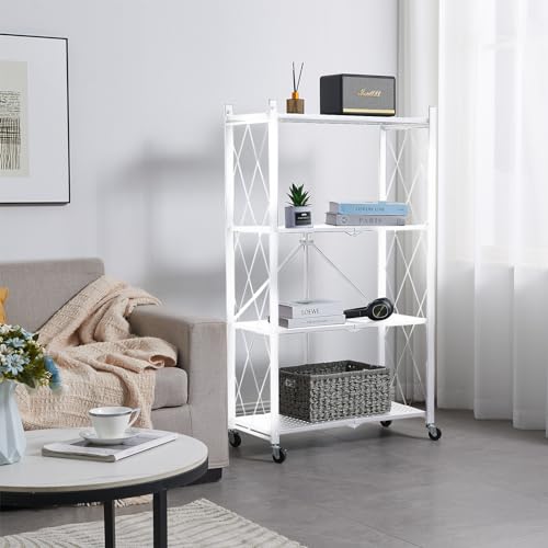 Image of BRIAN & DANY 4-Tier Foldable Storage Shelves with Wheels, Folding Metal Rack Shelving Unit, Heavy Duty No Assembly Organizer Shelf for Garage, Kitchen, Pantry, White