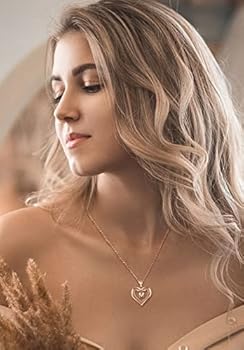 AEONSLOVE Halsketting met initialen voor dames, hartletterhanger met zirkonia, gepersonaliseerde alfabetkettingen in koper verguld met roségoud, 20 inch ketting, 22.8mm x 2mm, Koper Zirkonia, Kubieke