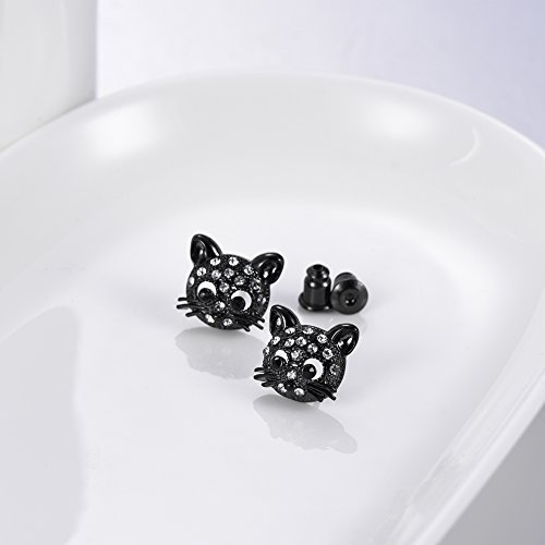 Teen Girls Earrings Silver Post Black Metal Plated Rhinestone Cute Kitten Cat Stud Earrings #TOP4