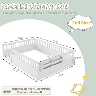 Montessori Floor Bed with High Rails,Full Size Floor Bed Frame for Kids, LED Lights & Storage Shelf, Safe & Wider Opening Gate Design, Playground & Sleep Space for Girls Boys,White