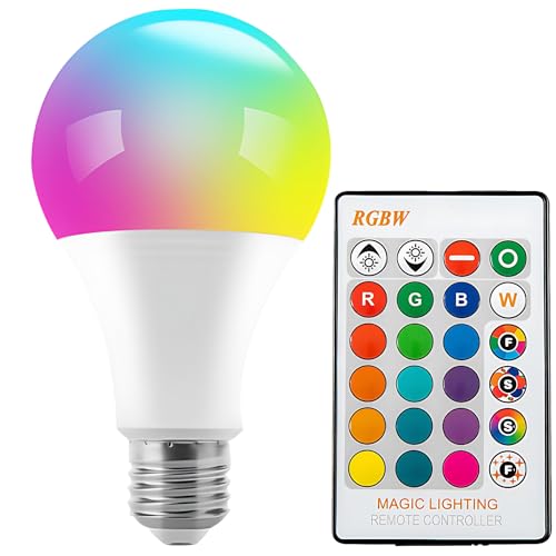 MODOAO Bombilla Decolorada E27 5w Ajustable, Bombilla LED RGBW, con Control Remoto de 24 Teclas, 16 Millones de Colores y Funciones de Memoria Para Doméstico, Decoración, Fiestas, Bares (1 Paquete)