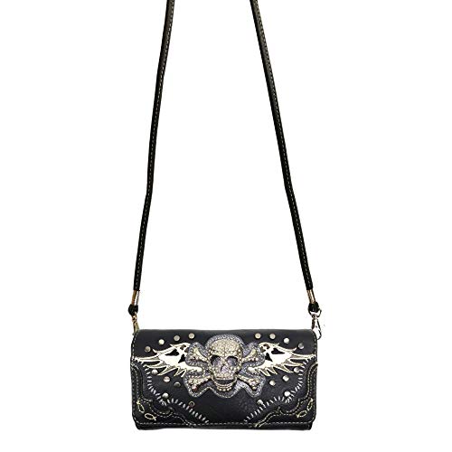 Zelris Skull Crossbones Angel Wings Heart Women Crossbody Trifold Wallet (Black) #TOP1