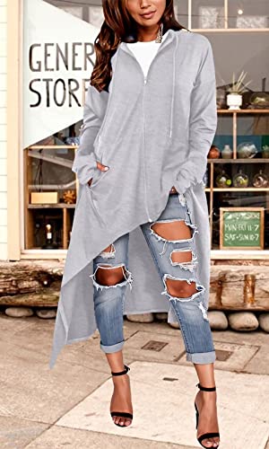 Sprifloral Zip Up Asymmetrical Jackets For Women High Low Long Hoodies Sweatshirt With Pocket Light Grey Xl #TOP3