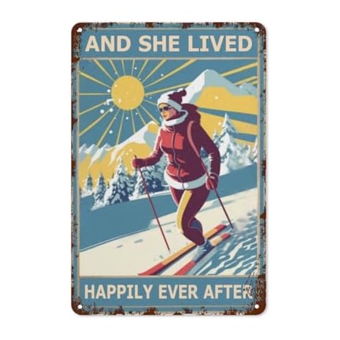 LifeWheel Vintage Skiing Metal Sign Wall Art Decor - Funny Women Skiing And Living Happily Ever After! Encouragement Gift for Home, Office, Bedroom, Bathroom - Boho Retro Hippie Style - 8x12 Inches Cover