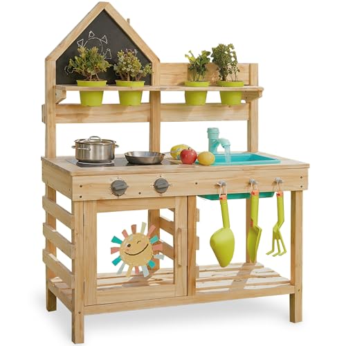Freniland Outdoor Mud Kitchen for Kids,Wooden Play Kitchen with Real Running Water & Hose Hookup,Built-in Storage and Removable Sink,Backyard Toddler Kitchen Playset for Ages 3+