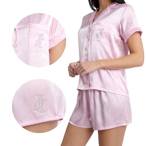 Image of Juicy Couture Women's 2 Piece Satin Notch Collar Button Down Shirt and Pajama Shorts Lounge and Sleepwear Set