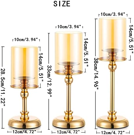 Nuptio Gold Candle Holder with Hurricane Glass Set of 3 Metal Candleholders for Pillar Candles for Wedding Christmas Party Table Centerpiece Decoration Modern Home Dinning Decor