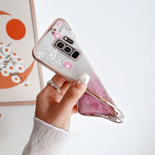 Image of Galaxy S9 Plus Case, Glitter Crystal TPU Stylish Butterfly Floral Heart Clear Protective Cover with Strap (Rose Gold)