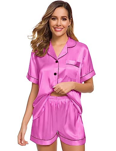 Image of SWOMOG Womens Silk Satin Pajamas Set Short Sleeve Sleepwear Button Down Top and Shorts Loungewear 2 Piece Pjs Set XS-3XL