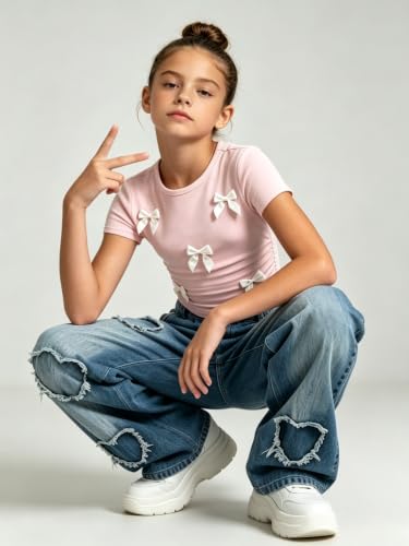 Image of Size 7-14 Years Girls 2 Piece Outfits Bow Short-Sleeved Top and Jeans Pants Clothing Set