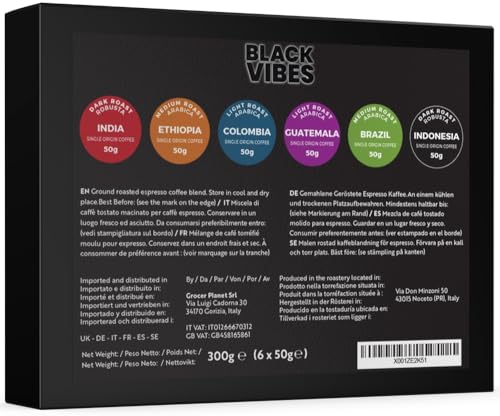 Parte trasera de la caja BLACK VIBES con las descripciones de los cafés de origen único India, Etiopía, Colombia, Guatemala, Brasil e Indonesia