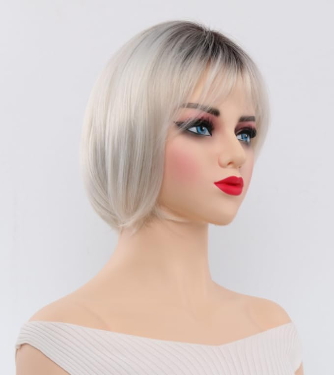 Image of Short for white Blonde Bob Wig with Bangs for Women & Men - Ombre Blonde to Dark Roots Layered Straight Synthetic Hair Wig with Natural Chin Length, Rose Net for Daily & Party Use (Silver)
