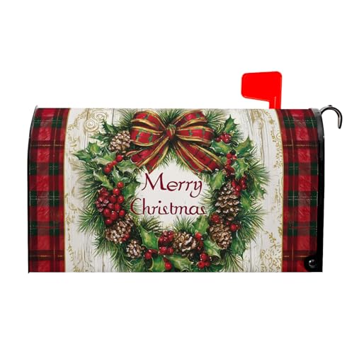 Ancordivo Merry Christmas Mailbox Covers Magnetic Standard Size 25.5 x 21 Inch Xmas Wreath Red Green Buffalo Plaid Seasonal Holiday Mailbox Wraps Post Letter Box Cover for Garden Yard Decor