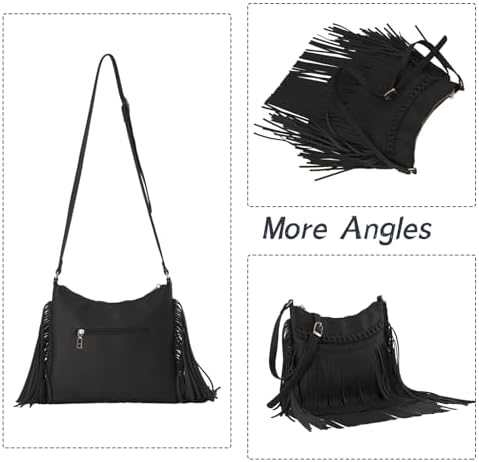 Fecialy Vintage hobo-tassen met franjes voor vrouwen, PU-leer, kwast, crossbody schoudertas, westernfranjes, portemonnee, zwart, średni