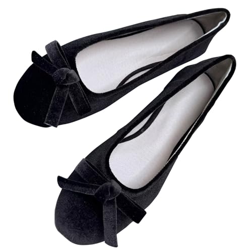 Image of TN TANGNEST Women's Velvet Flats Round Toe Ballet Shoes | Elegant Bowknot Flats Comfortable Casual Slip On Flats for Work