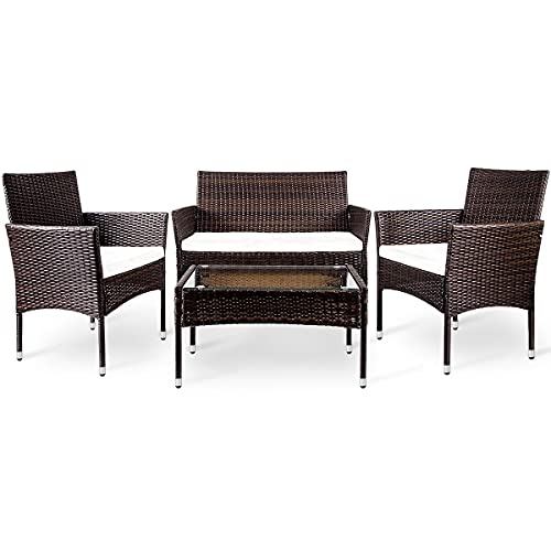 Floyinm 4Pcs Outdoor Garden Patio Furniture Set Rattan Include 1 2-Seat Sofa+2 Arm Chairs+1 Tea Table Brown W/White Cushion #TOP21