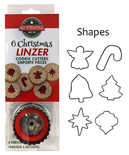 R&M International Christmas Linzer Cookie Cutters, Angel, Candy Cane, Bethlehem Star, Bell, Christmas Tree, Ornament, 6-Piece Set