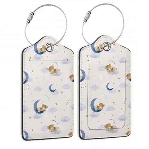 2 Pack Luggage Tags for Suitcase,Cute Teddy Bear On The Moon Leather Luggage Tag Bag Tags Identifiers Privacy Cover Id Label with Steel Loop for Women Men Girls Boys Travel