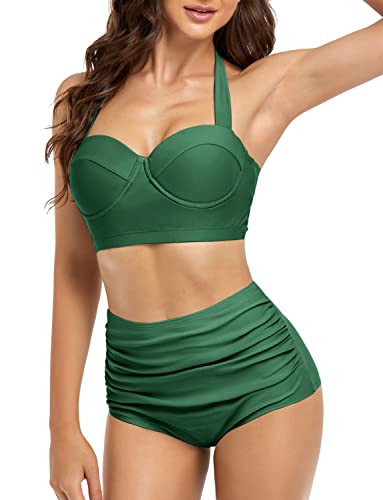Fancyskin Bikinis With Bow Tie Halter High Waisted Bottom For Women Ruched Swimwear Bathing Suit Green Xxl #TOP1