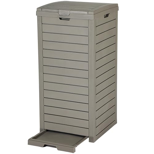 DWVO 38 Gallon Large Outdoor Trash Can, Waterproof Resin Hideaway Garbage Bin with Lid and Drip Tray, Outside Trash Bin for Porch, Backyard, Deck, Patio, Poolside, Easy to Clean, Taupe by DWVO - Used condition - CA$87.18