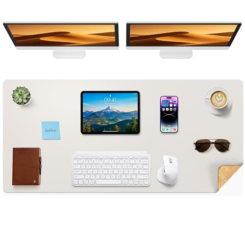 Aothia Cork Desk Mat - Dual-Sided Extra Large Desk Pad & Keyboard Mat, Long PU Leather Desk Protector, Waterproof Desktop Blotter (47" x 17", Off-White)
