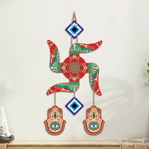 Image of Artvibes Colorful Swastik Wall Hanging with Evil Eye & Hamsa Hand | Decorative Vastu Decor for Home Entrance and Temple | Symbol of Prosperity | Good Fortune | Positive Energy Art Gift (WH 85105N)