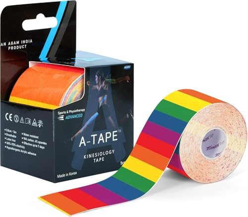A-TAPE Made in Korea Kinesiology Tape for Physiotherapy Kinesio Tape for Sports Injury Pain Relief Athletic Therapeutic Muscle Tape (5 cm * 5.0 m) (Rainbow)