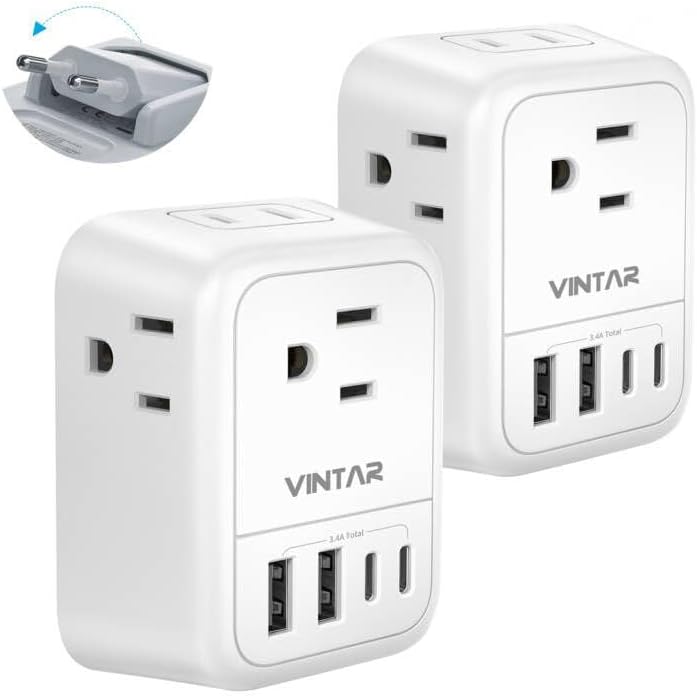 2 Pack European Travel Plug Adapter, 8 in 1 Foldable Type C Charger | 4 AC Outlets 3 USB Ports(2 USB C), International Travel Adaptor for US to Most of Europe EU Italy, Spain, Travel Essentials