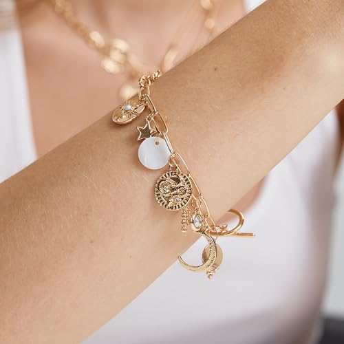 FANZE Vintage Roman Cameo Coins Moon Star Paperclip Lucky Gold Chain Charm Bracelets for Women Trendy Jewelry Gift for Birthday Anniversary Valentines Chrismas Mother's Day Halloween Thanksgivng2