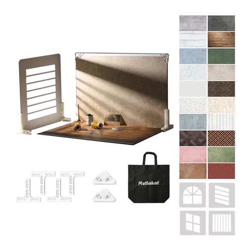 Metlakat Food Photography Backdrops with Shadow Boards 10Pcs Double-Sided Photo Background Paper (20 Patterns) Tabletop Small Product Shooting Kit with T-Stand & Clamps for Jewelry Cosmetics