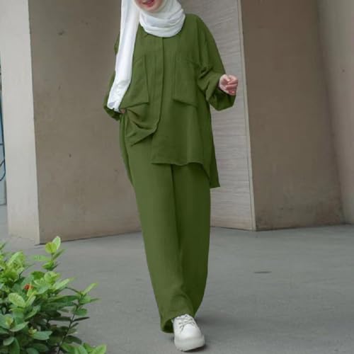 Image of ODIZLI Muslim Long Sleeve Blouse Wide Leg Pants Suits Autumn Solid Abaya Women Matching Sets 2PCS Tracksuits Turkey Kaftan